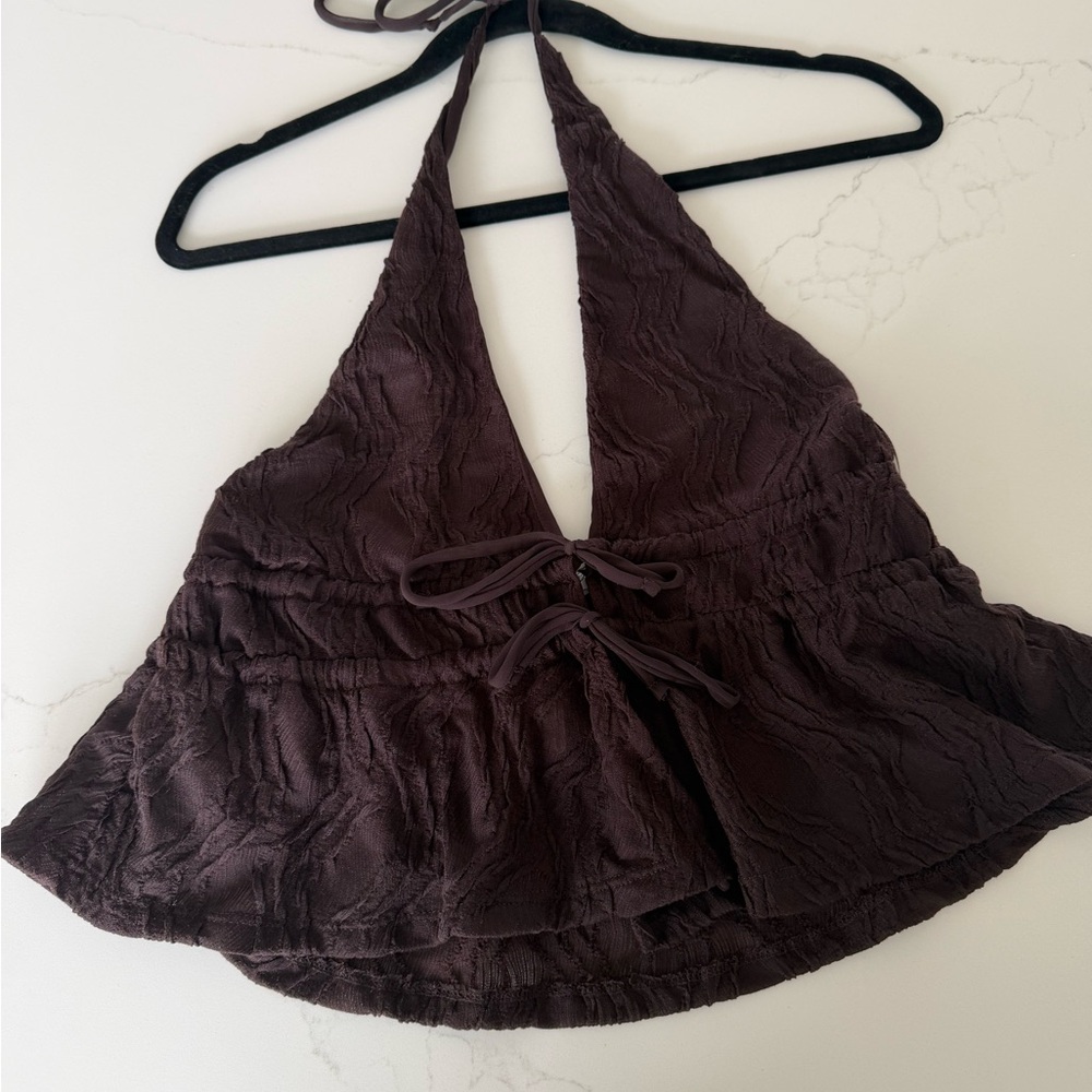 Brown Textured Halter Tie-Front Top